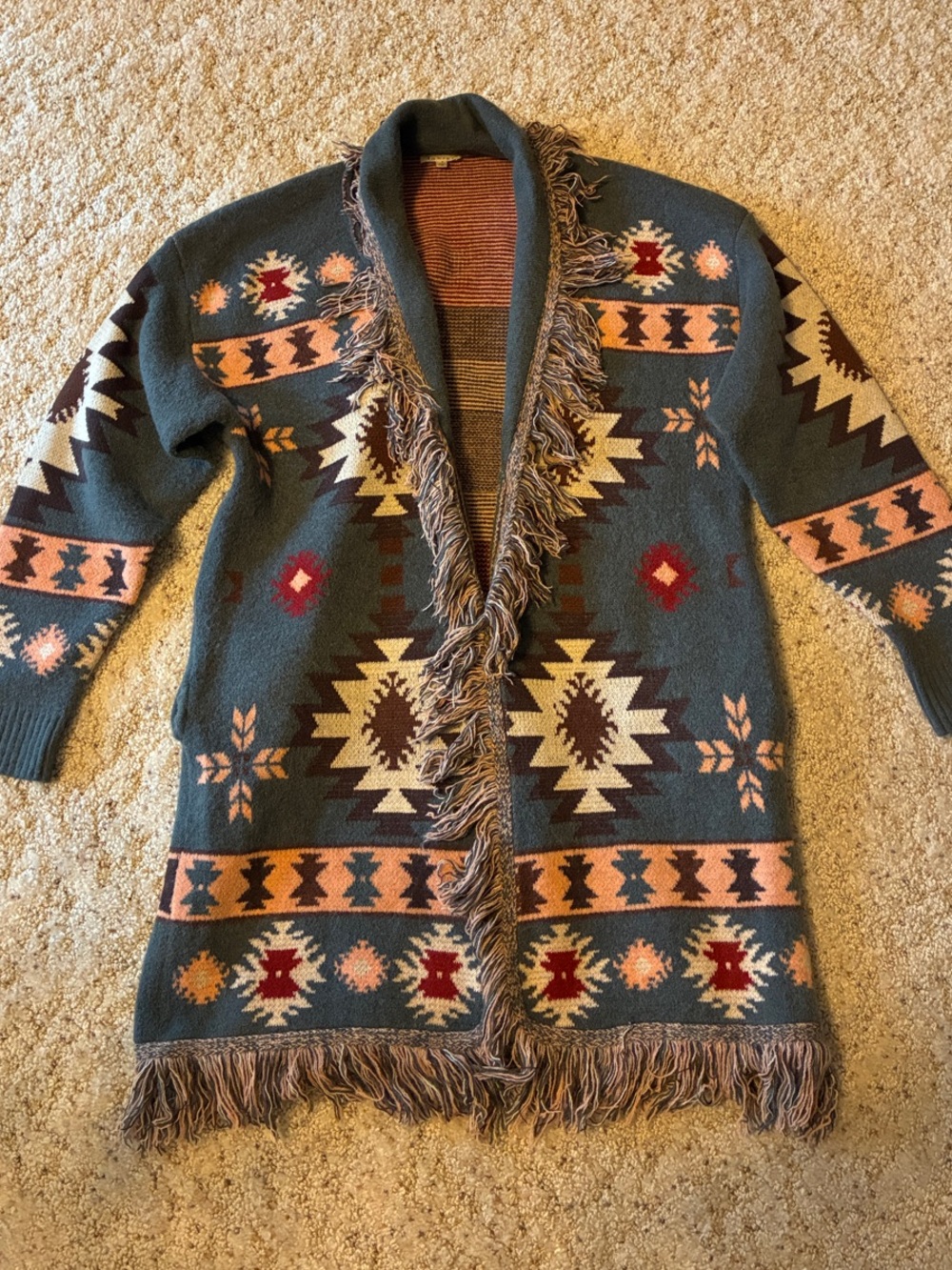 JODIFL Aztec Fringe Open-Front Cardigan with Cream & Rust Accents